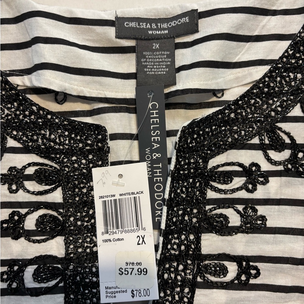 Chelsea & Theodore white/ black striped tunic blouse‎ embroidery details SZ 2X - Picture 5 of 7